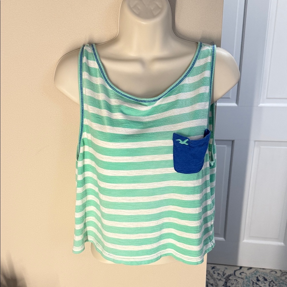 Hollister Mint Green & White Striped Crop Tank with Blue Pocket